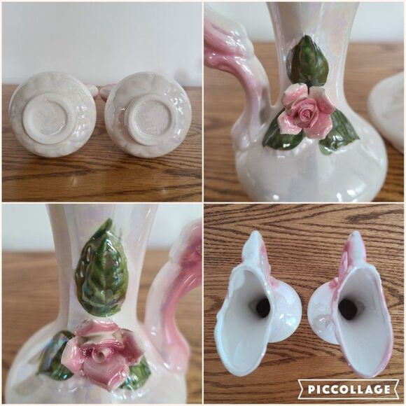 Three Piece Iridescent Lusterware Pink Bud Vase Set 3-D Capodimonte Flowers - Picture 15 of 15